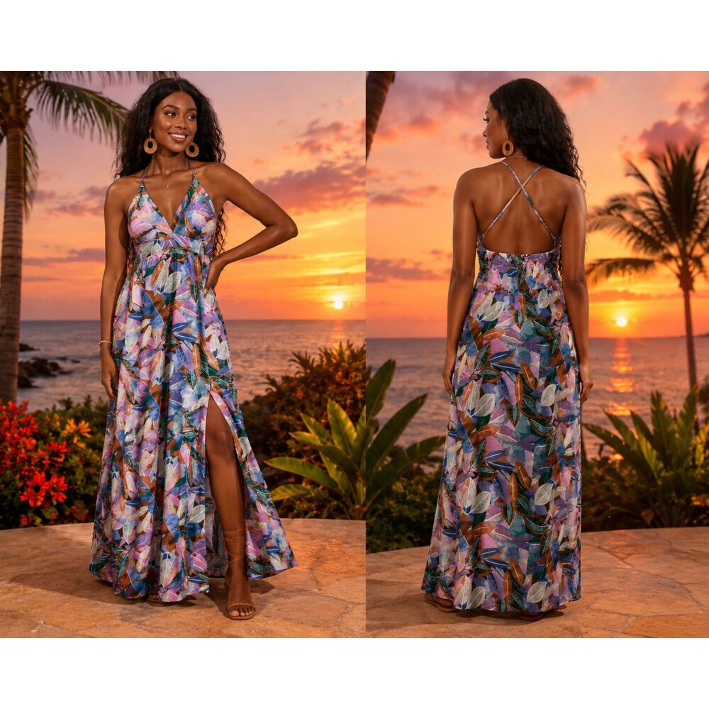 CUPSHE Tropical Leaf Halter Rayon Maxi Dress Size L Front Slit NWT #V